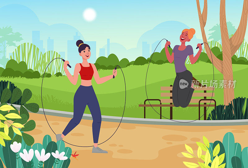 女运动员在公园里跳绳。背景是城市景观，有许多建筑物。