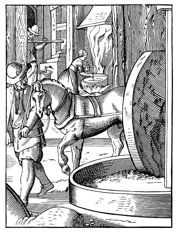 在油厂工作的人们木刻16世纪的插图
