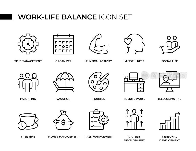 工作与生活平衡概念细线图标集包括时间管理、社交生活、育儿、假期、爱好、远程办公、职业、组织者等图标