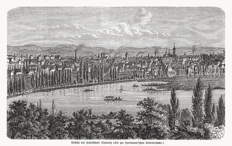 开姆尼茨的历史观;萨克森，德国，木版雕刻，1869年出版