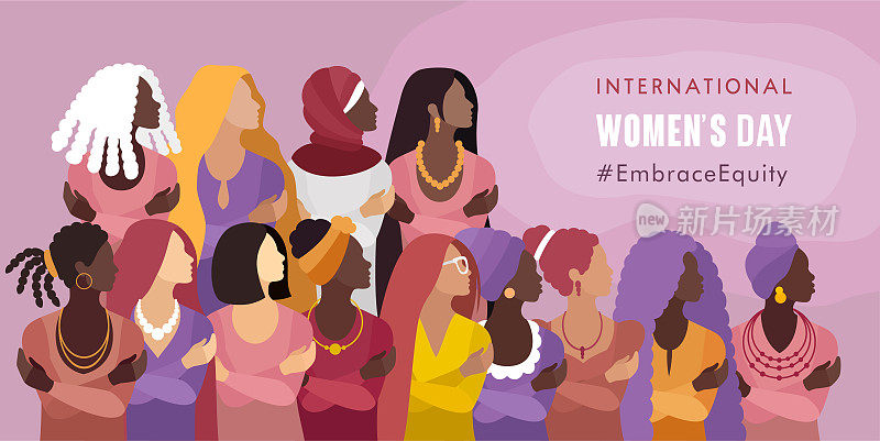 国际妇女节横幅。多种族妇女群体。拥抱股本。