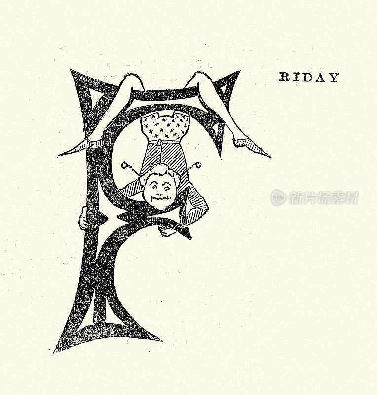 杂技演员或小丑,倒挂,维多利亚时代,大写字母F,星期五,设计,19世纪80年代