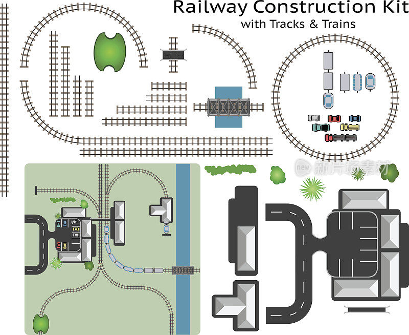 铁路和车站建筑施工套件与火车