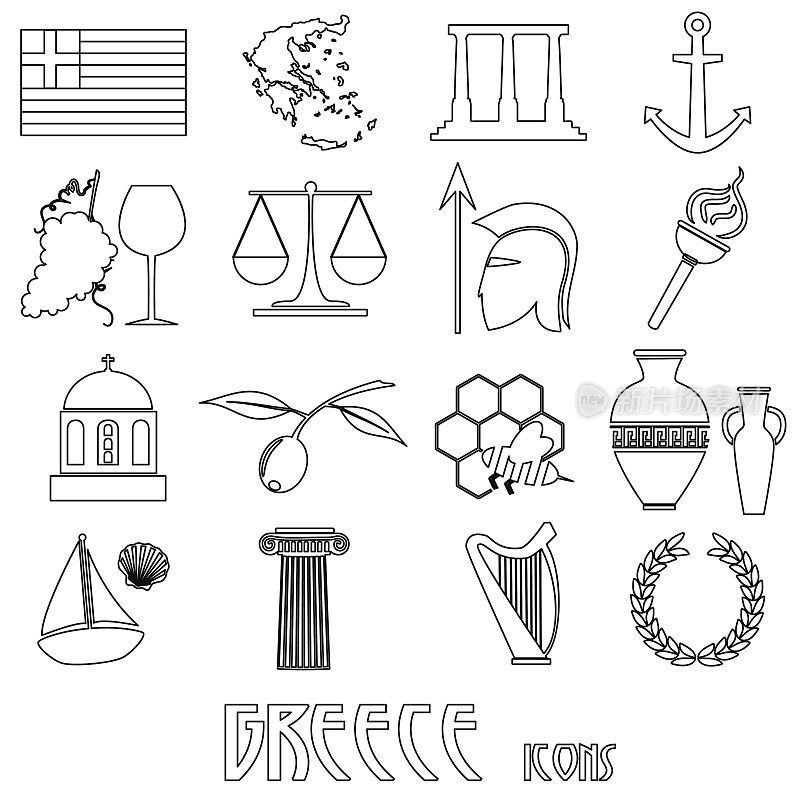 希腊国家主题符号和轮廓图标集eps10