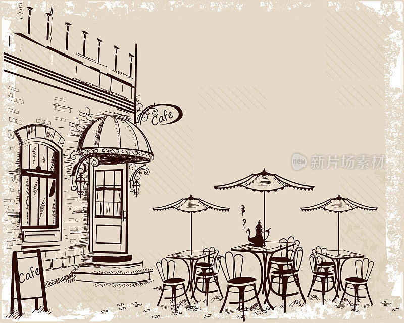 老城区的景色和街边的咖啡馆。