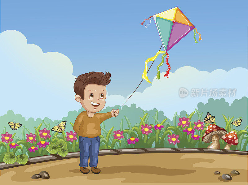卡通小孩在公园里玩风筝
