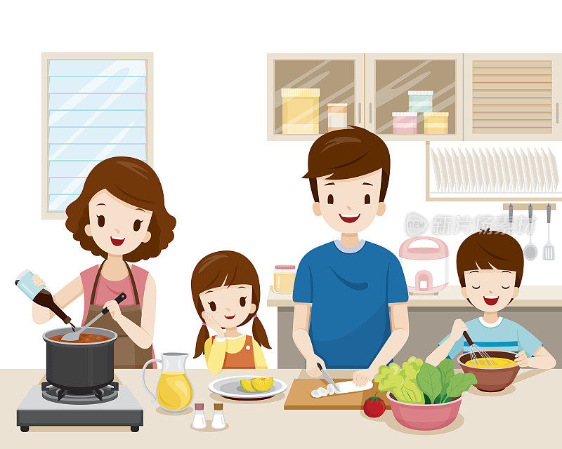 幸福家庭一起在厨房做饭