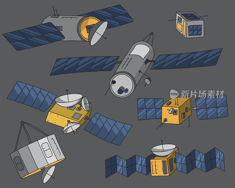 各种手绘卫星插图，包括通用通信卫星和立方体卫星。所有卫星都被隔离在背景中。