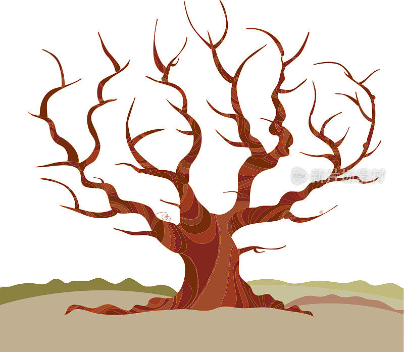 抽象树剪影矢量插图。概念海报与枯死的冬天树