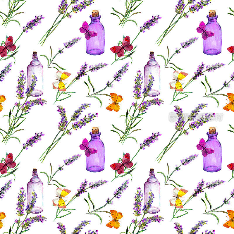 薰衣草花，油瓶，蝴蝶。无缝模式替代医学，芳香疗法。水彩