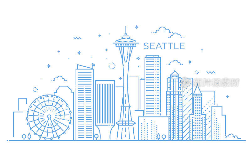 西雅图的旗帜在平面线时尚风格。西雅图城市线条艺术。