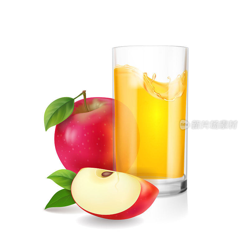 一杯苹果汁与红苹果切片逼真的矢量插图孤立