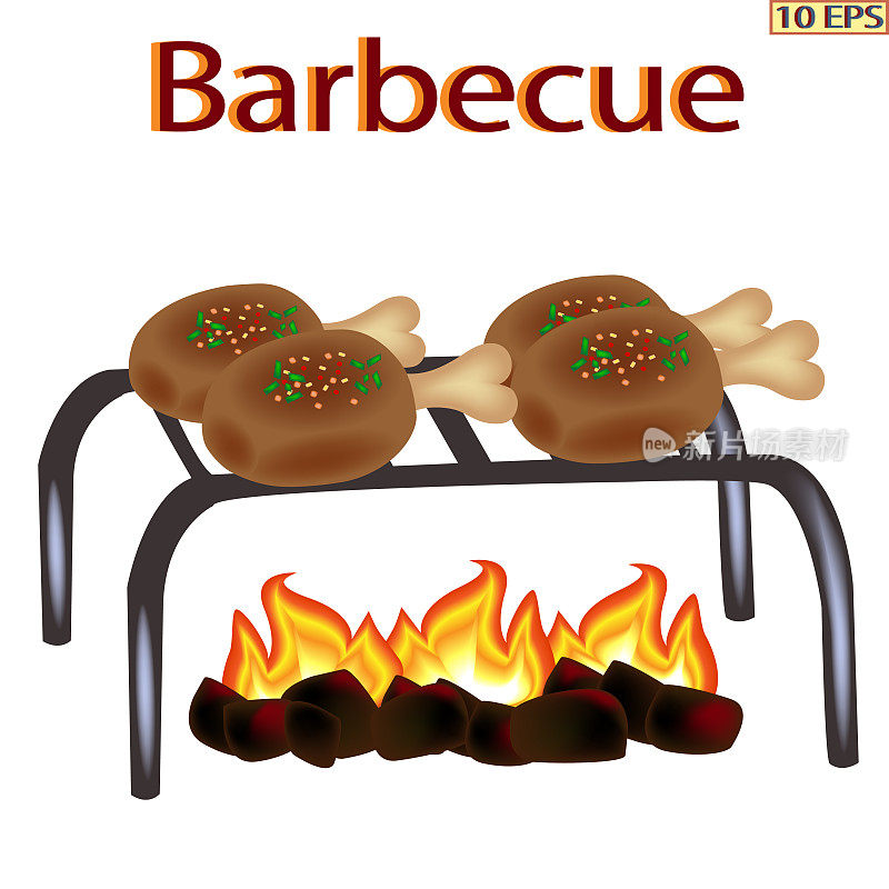 篝火上烤牛排。切肉。烤肉串。烧烤。肉在炭火上烤。炸牛排，羊肉，鸡肉。烤牛排。矢量插图。