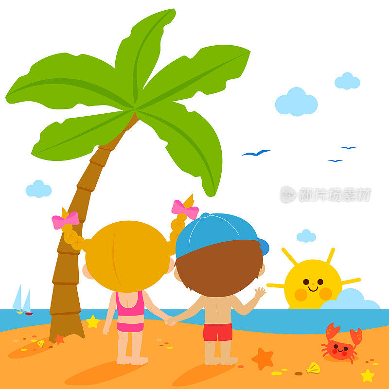 孩子们在沙滩上棕榈树下的背影