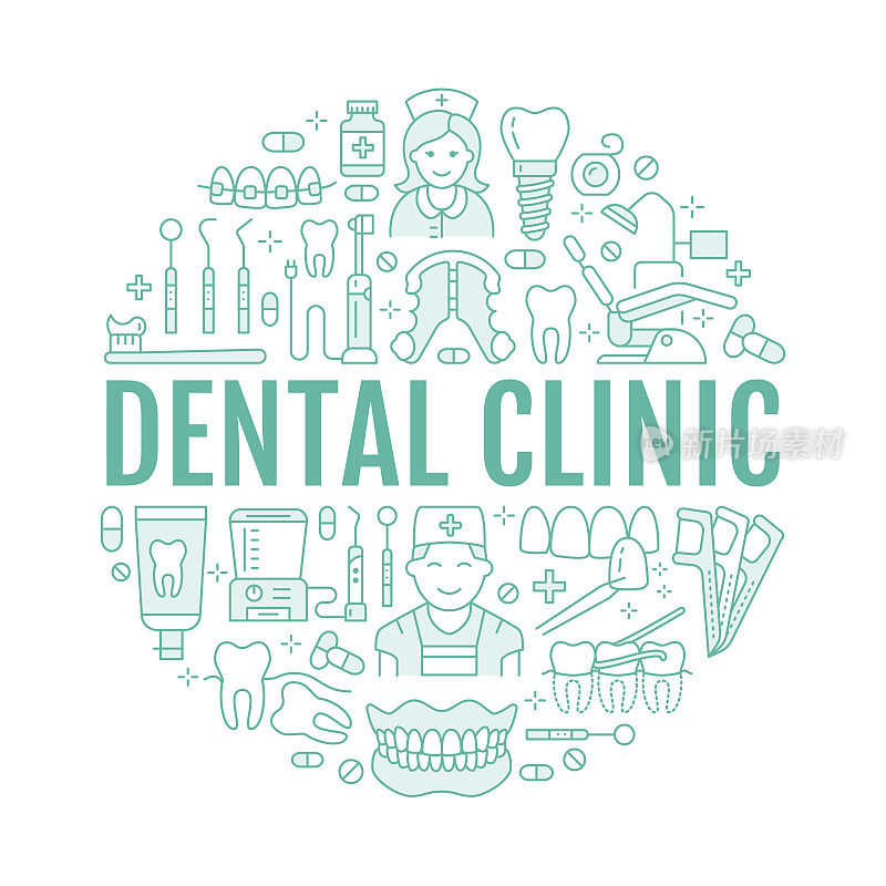 牙医，正畸医疗旗帜与矢量线图标的牙科保健设备，牙架，牙齿修复，贴面，牙线，龋齿治疗。保健薄线形标志为牙科诊所