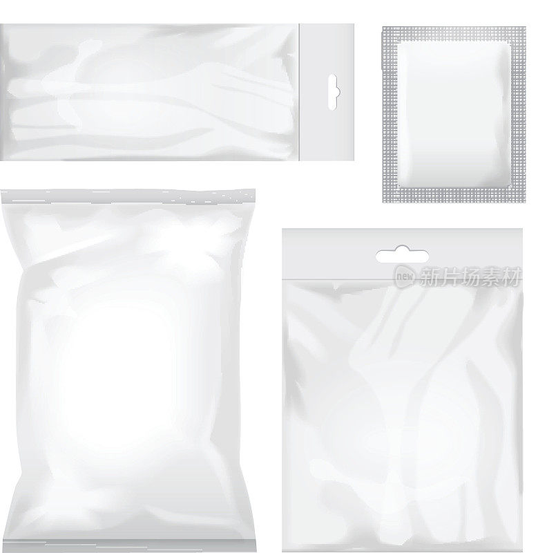 一套空白的白色和透明的铝箔袋包装的食品，零食，咖啡，可可，糖果，饼干，薯片，坚果，糖。矢量塑料包装模拟
