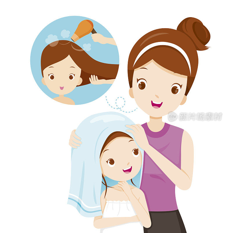 母亲用毛巾擦女儿的头发