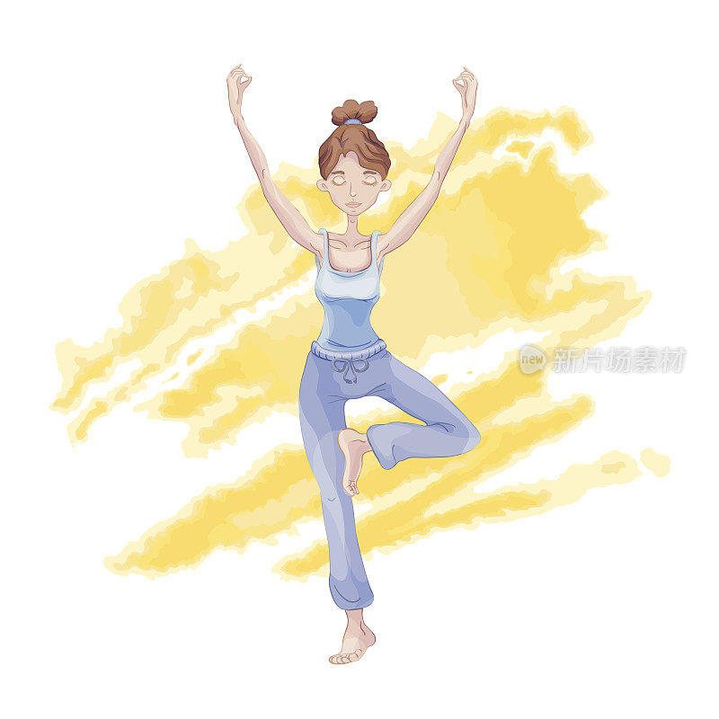 年轻女孩练习瑜伽，单腿站立在莲花的位置。背景是黄色的水彩。
