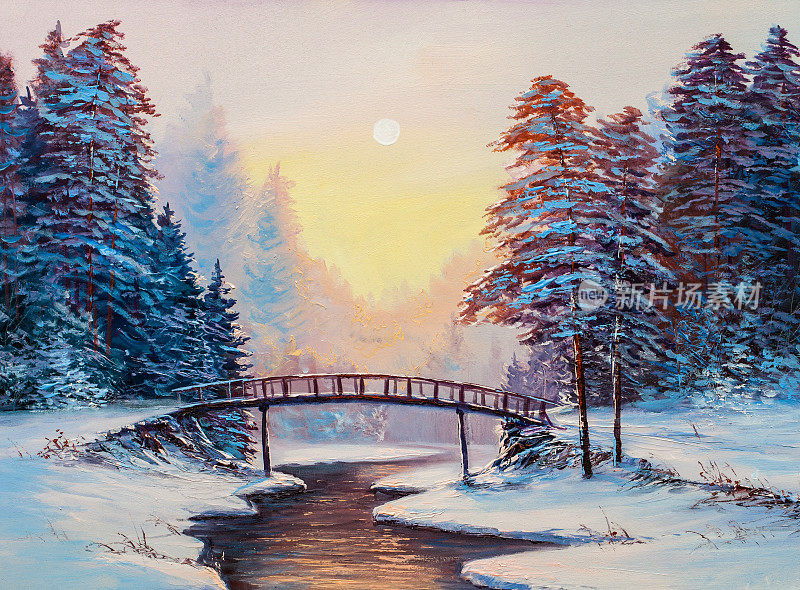 小桥和白雪覆盖的风景