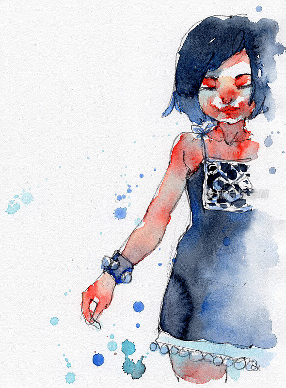 水彩画插图的女孩在黑色苗族服装，手绘在纸上