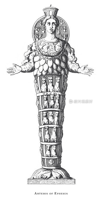 以弗所的阿耳忒弥斯，古典传说与神话人物雕刻古董插图，1851年出版