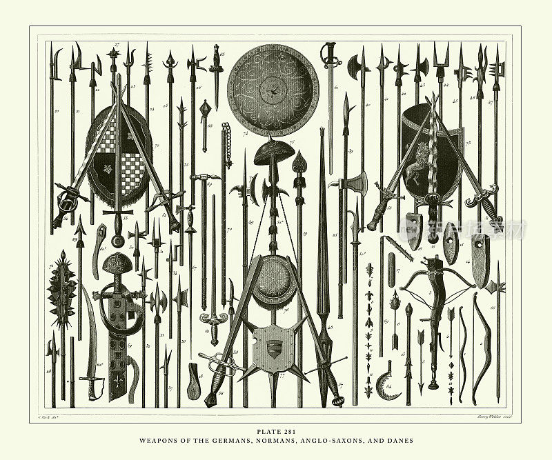 雕刻古董，德国人、诺曼人、盎格鲁-撒克逊人和丹麦人的武器雕刻古董插图，1851年出版