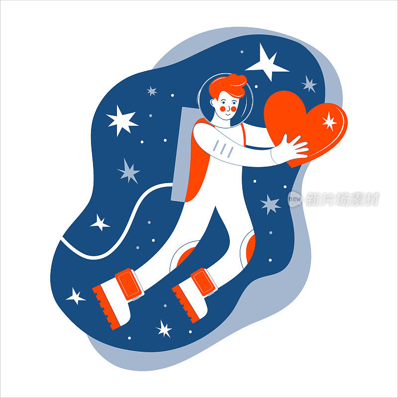 宇航员男孩在外太空拿着一颗红心。情人节贺卡或横幅。流行的颜色是葱郁的熔岩和最蓝的蓝调。宇宙之爱的概念。宇航员在星际间穿梭。