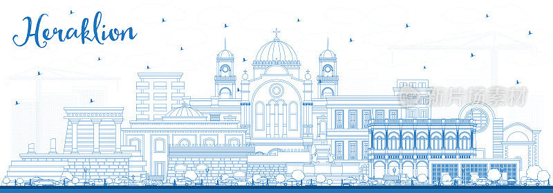 用蓝色建筑勾勒出希腊克里特岛城市的轮廓线。