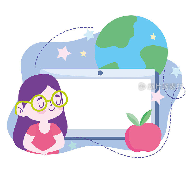 在线教育，学生女孩用电脑和苹果，网站和移动培训课程