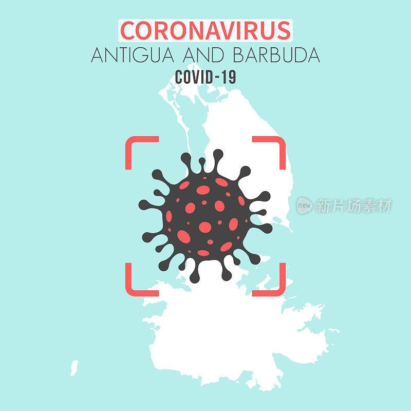 安提瓜和巴布达地图，红色取景器中有冠状病毒(COVID-19)细胞