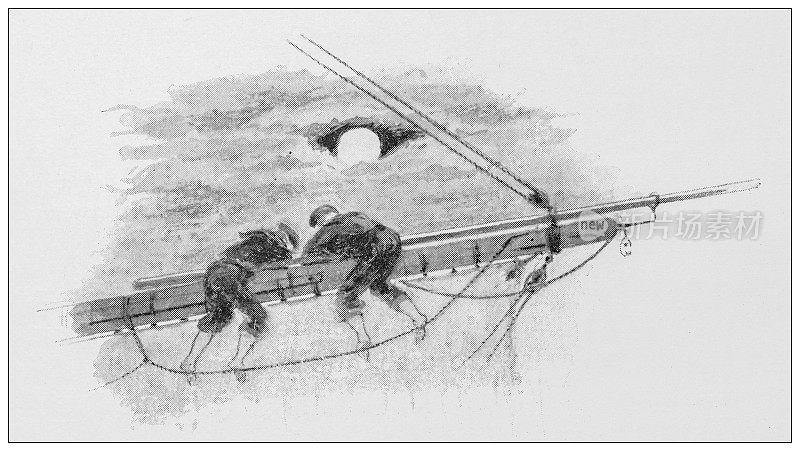 运动和休闲活动的古董插图:游艇，在前院