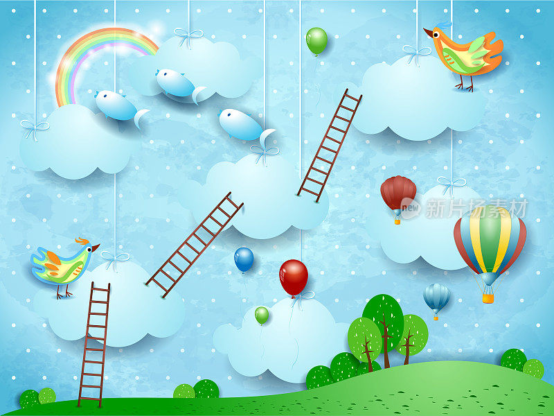 有楼梯、小鸟、气球和飞鱼的超现实景观