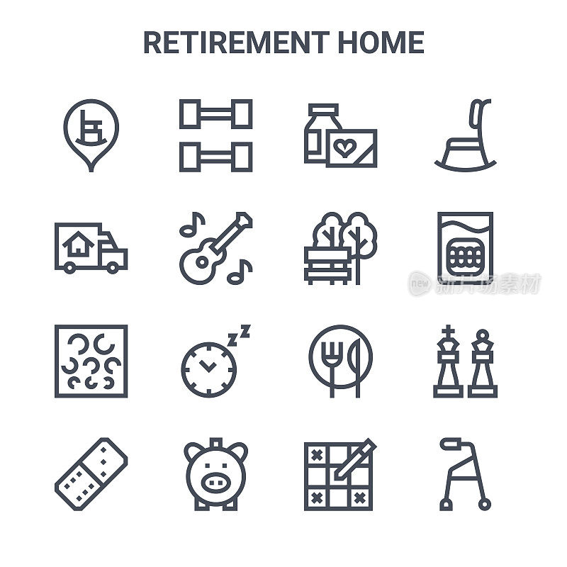 一套16退休之家概念矢量线图标。64x64细stroke图标，如健身房，移动卡车，假牙，食物，储蓄罐，学步车，数独，长凳，摇椅