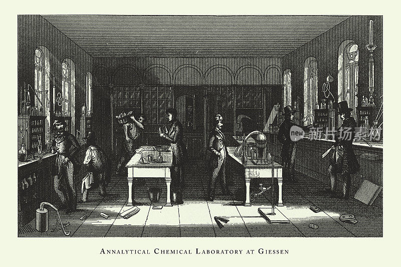 吉森分析化学实验室，化学实验室，仪器和设备雕刻古董插图，出版于1851年