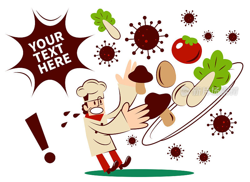 食品安全问题，厨师发现食品不卫生或被冠状病毒(covid-19，细菌，病毒)污染