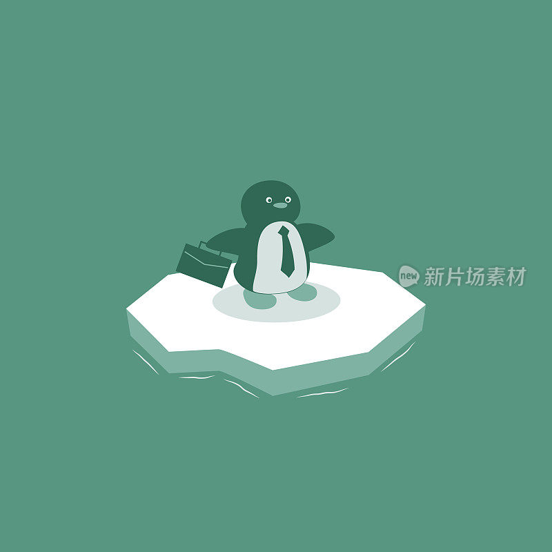 拟人化的商业企鹅站在融化的冰上;“经济大冻结抗击冠状病毒”或“气候变化”概念