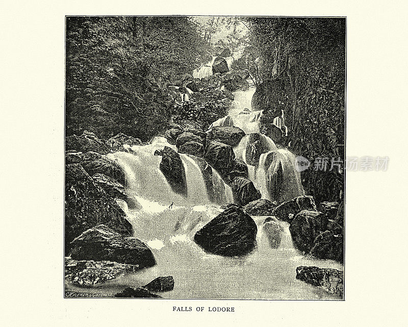 洛多尔瀑布，德文特沃特，英格兰湖区，19世纪