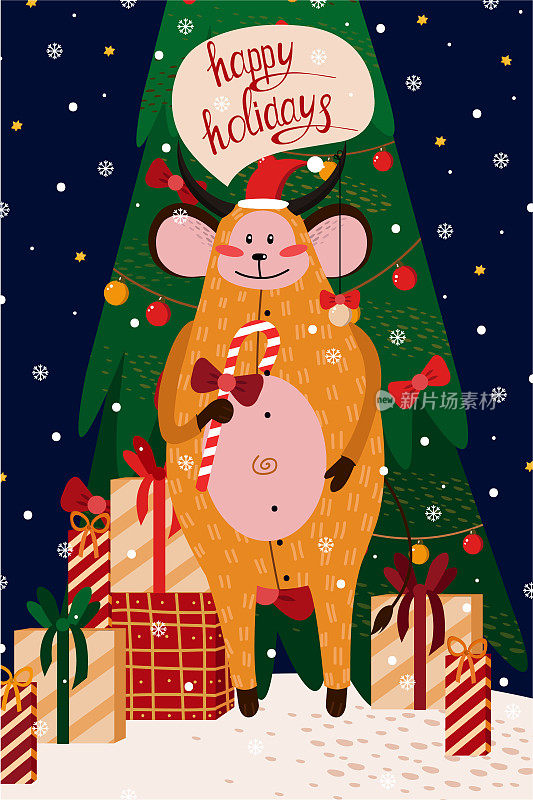 2021年的圣诞和新年贺卡上，穿着黄色牛型睡衣的生肖猴子。矢量插图的猴子在一个深蓝色的背景与星星，雪花，圣诞树和礼物