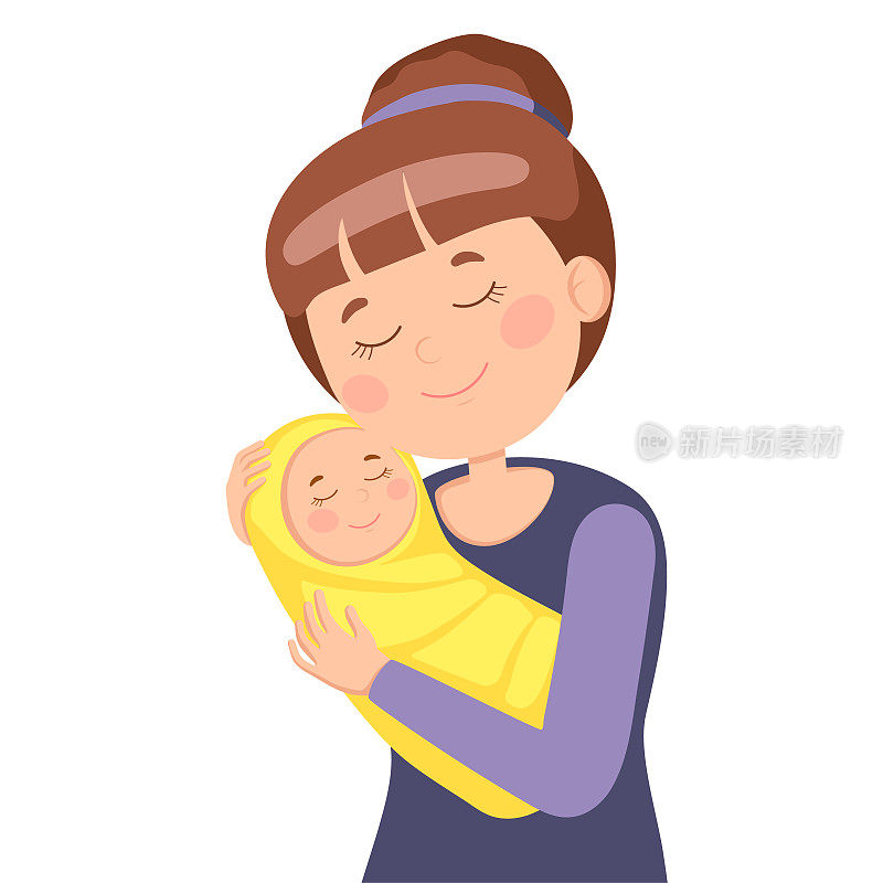 妈妈抱着她的小婴儿。矢量插图在一个平坦的风格。