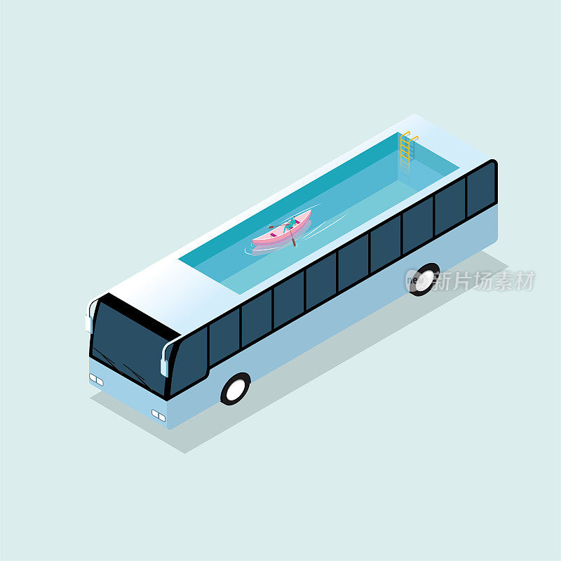 超现实的设计，游泳池在巴士的车顶。一个男人正在游泳池里划船。