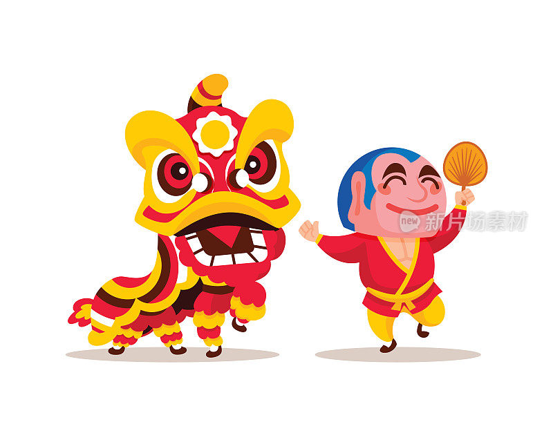 平面设计的舞狮和大头佛表演，庆祝中国新年