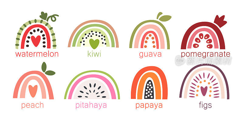 夏日彩虹造型水果:西瓜，木瓜，火龙果，桃子，无花果，石榴，番石榴，猕猴桃。