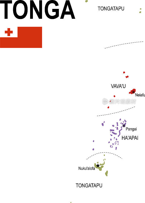 汤加彩色平面地图与旗帜