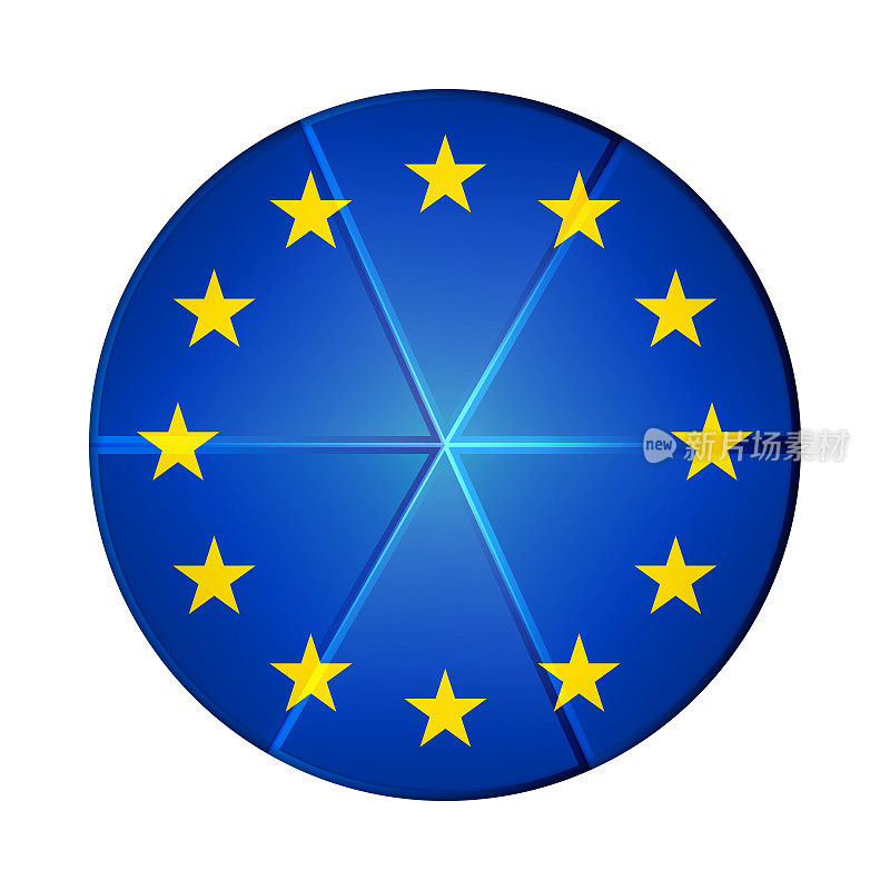 带有欧盟旗帜的玻璃轻球。圆球，模板图标。欧盟国家的象征。光滑的现实球，3D抽象矢量插图突出在白色的背景。大泡沫