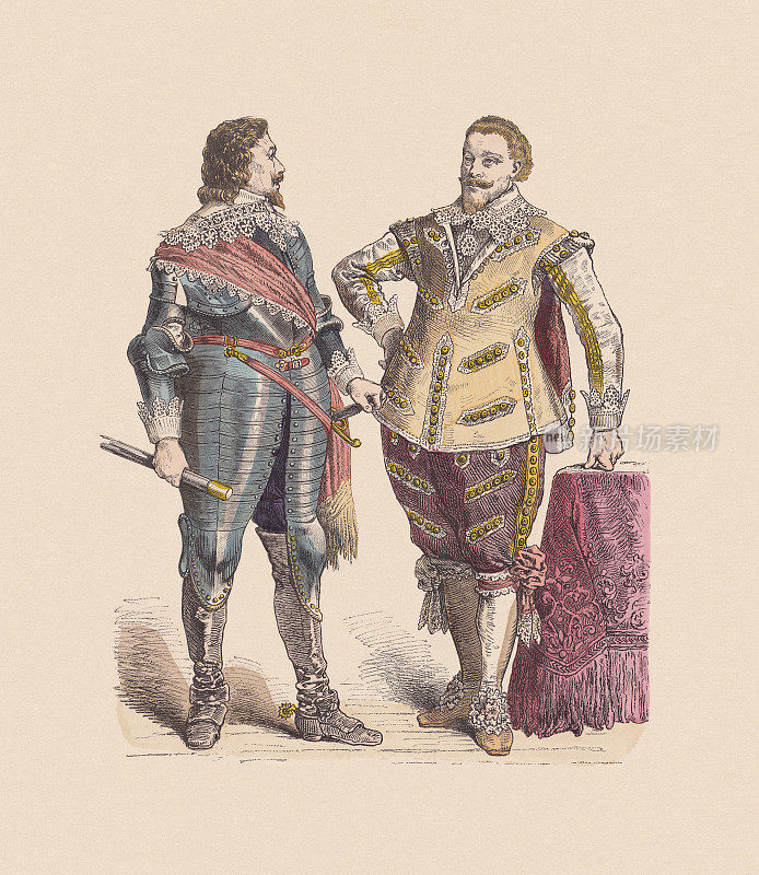 17世纪上半叶，德国服饰，手工彩色木刻，大约于1880年出版