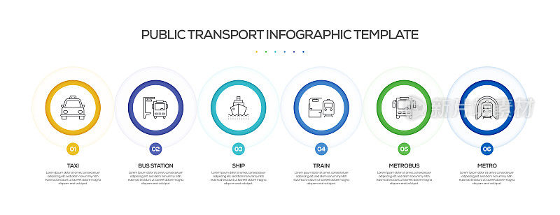 公共交通相关流程信息图表模板。过程时间图。带有线性图标的工作流布局