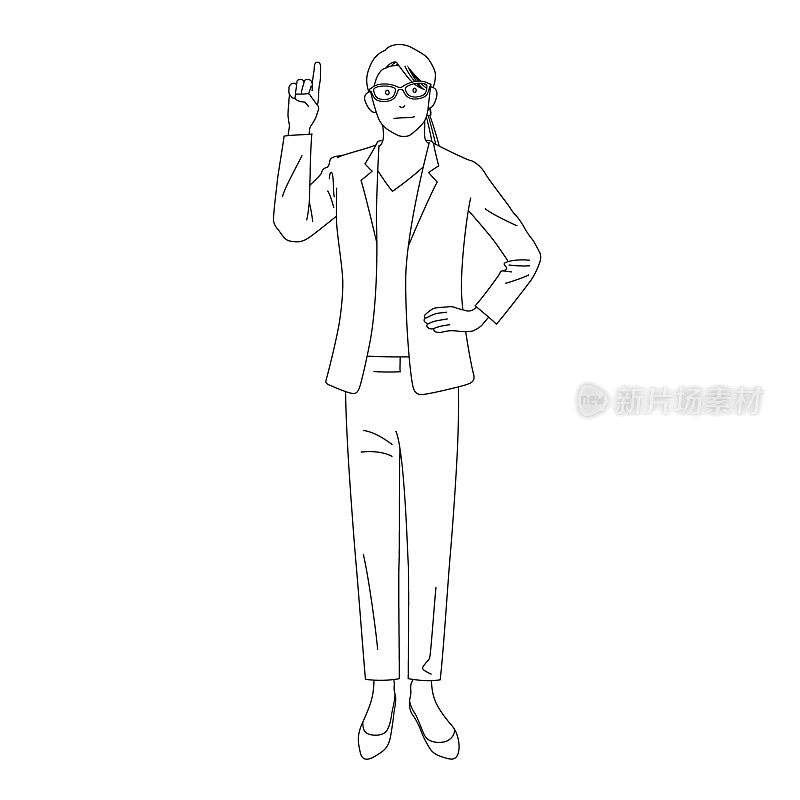 一个戴着眼镜的女商人举起食指的插图(白色背景，矢量，剪掉)
