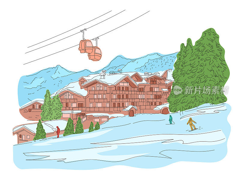 冬天的Courchevel。人滑雪。滑雪胜地。矢量线说明