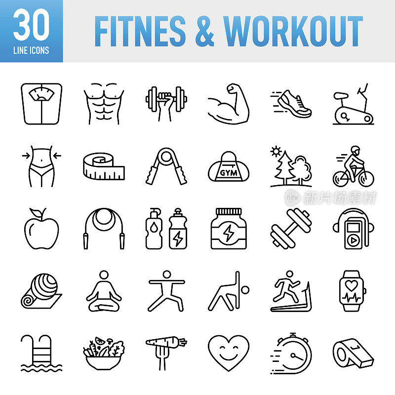 健身和锻炼-细线矢量图标集。像素完美。移动和网络。这套图标包括:健康生活方式，锻炼，运动，健康饮食，健身房，健康，节食，保健和药物，体重秤，生活方式，跑步，瑜伽