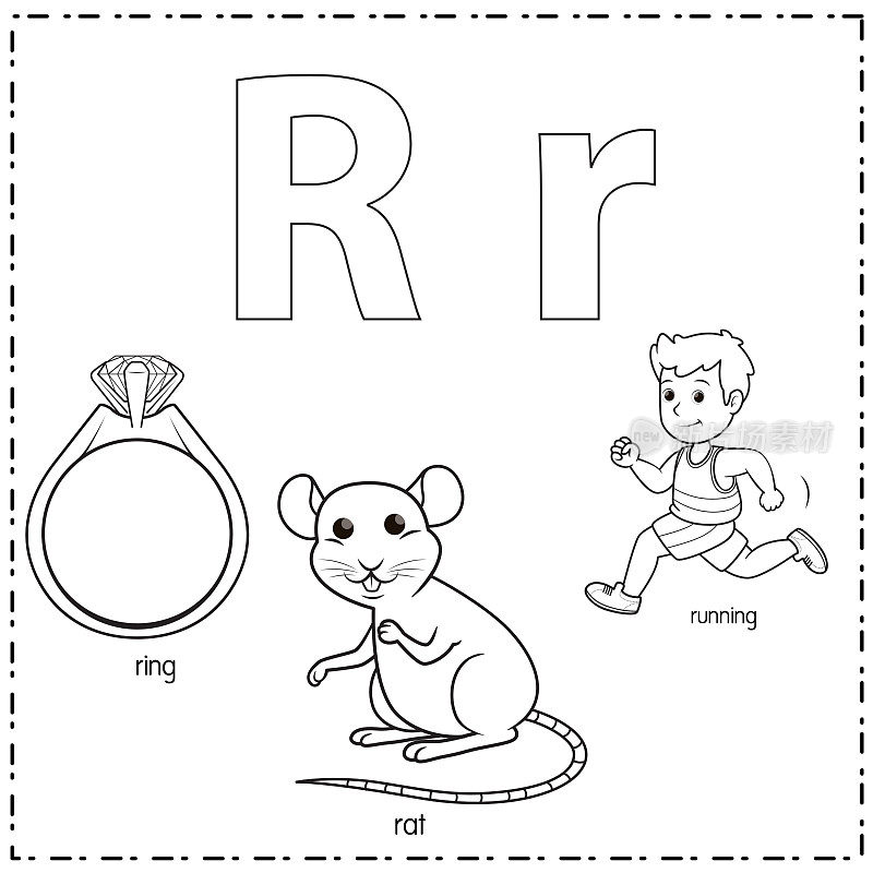 向量插图学习字母R的小写和大写的儿童与3卡通图像。环老鼠跑。